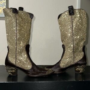 Giuseppe Zanotti Gold Sparkle and Brown Heeled Boots